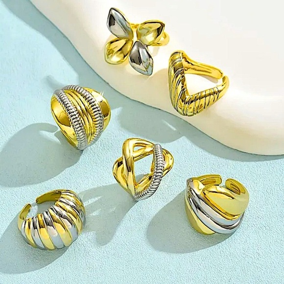 Stainless Steel Statement Ring, Boho Gold Silver Two Tone Exaggerated Big Large - Picture 2 of 4